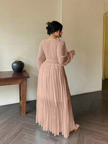 Flirla 浪漫V领露背长袖连衣裙，飘逸优雅的希腊风格白色女神礼服 - 杏色 - 查看 2