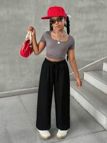 SHEIN Tween Girl Summer Simple Front Tie Loose Sweatpants, Casual Daily Wear Wide Leg Sweatpants Comfy Pants Black Baggy Pants Lounge Pants Loose Pants - Black - View 6