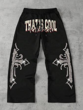 Pantalon de survêtement casual ample avec cordon de serrage à la taille et poches, imprimé lettres pour hommes