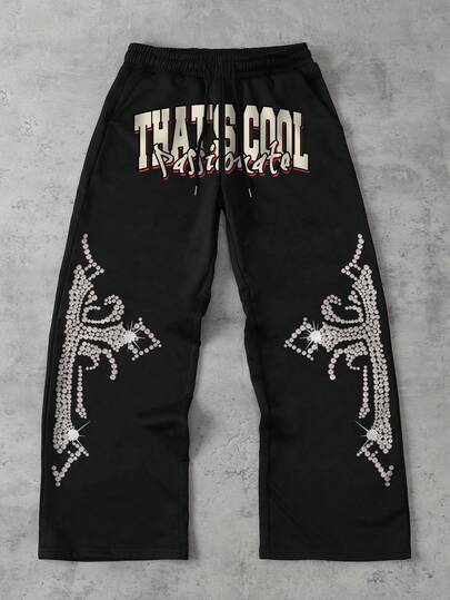 Men's Letter Print Drawstring Waist Pocket Loose Fit Casual Sweatpants