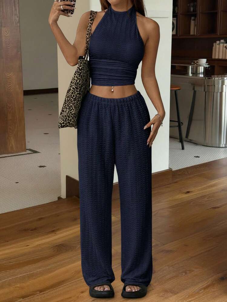 SHEIN EZwear Navy Blue Knitted 2pcs/Set Casual Women Tracksuit - Navy Blue - View 1