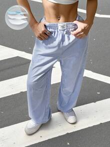 SHEIN EZwear 女式休闲条纹格子细节阔腿直筒裤 - 藍色 - 查看 1