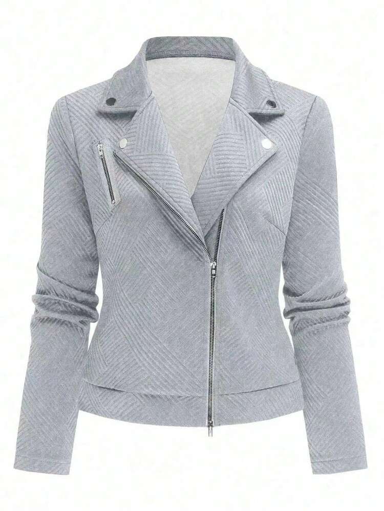 GlowEve Lapel Textured Fabric Zipper Casual Motorcycle Jacket For Everyday Wear Fall Winter Cloth For Women - Grey - View 6
