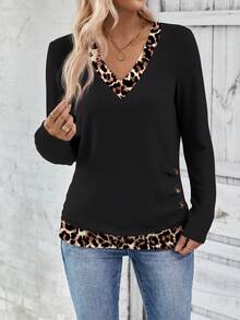 SHEIN PETITE Women's Leopard Print Patchwork V-Neck Long Sleeve Button Design Casual T-Shirt ,Petite Women - Multicolor - View 6