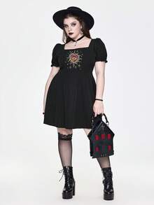 ROMWE Goth Váy tay bồng thêu hình trái tim thời trang cỡ lớn - màu đen - Xem 1