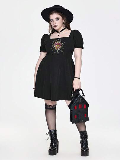 Goth Abito con maniche a palloncino e ricamo a cuore, taglie comode