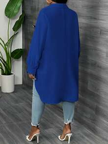 SHEIN CURVE+ Áo sơ mi tay loe đơn hàng ngày màu trơn mùa xuân cỡ lớn dành cho nữ - Xanh đậm - Xem 2