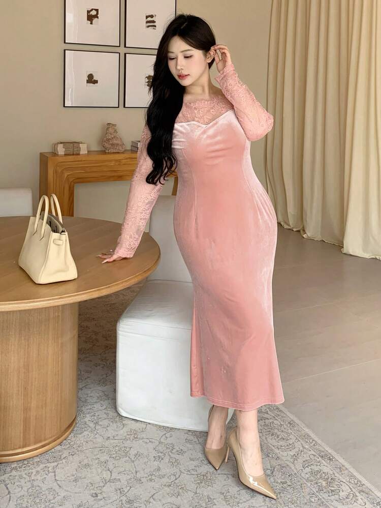 Dazy Plus Valentine Plus Size Women's Velvet Contrast Lace Bodycon Party Dress, Sexy & Stretchy For Dates Elegant Women Dresses Prom Dress - Pink - View 6