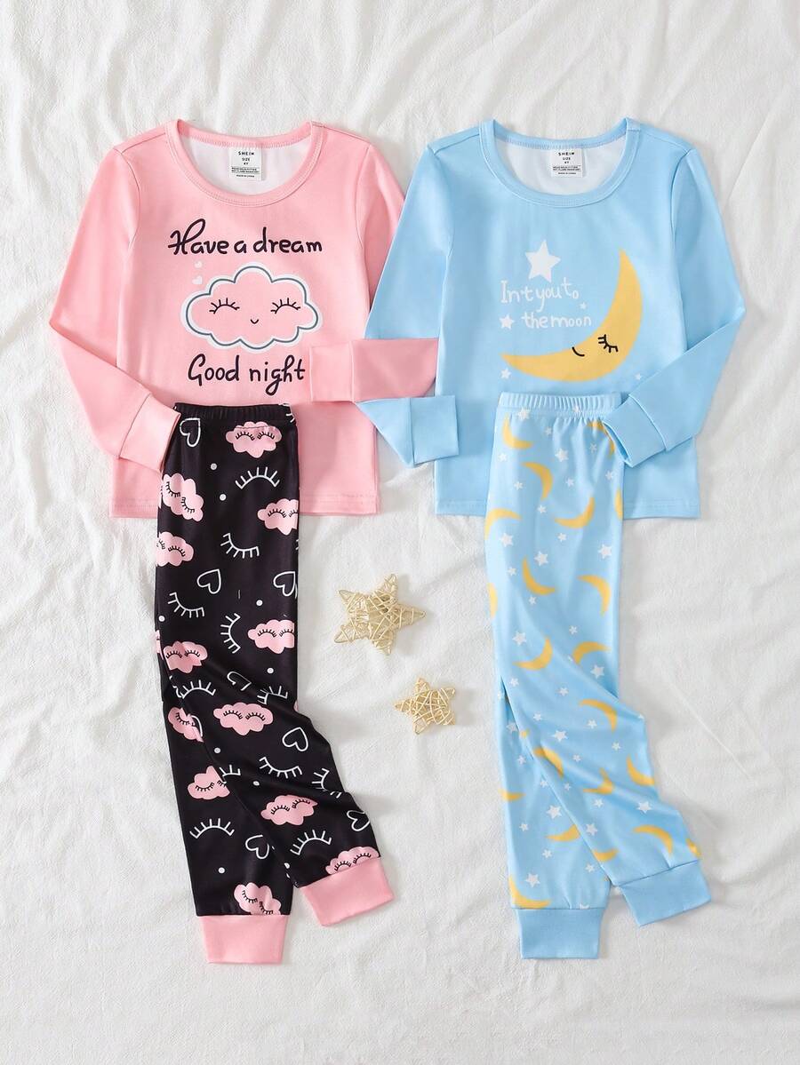 Bộ đồ ngủ vừa vặn cho bé gái, áo dài tay và quần legging, họa tiết hoạt hình hình mặt trăng, ngôi sao, đám mây dễ thương, làm từ vải mềm mại, thoải mái, thích hợp làm đồ mặc nhà cho trẻ em - Nhiều màu - Xem 1