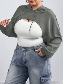 SHEIN CURVE+ 大码黑色针织超短款连帽毛衣，适合秋冬穿/秋冬 - 灰色 - 查看 4