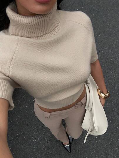 Aloruh Women's New Apricot Knit Sweater, High Neck, Short Sleeve, Suitable For Early Spring Transition Season, Spring Women Turtle Neck Top Neutrals Tan Women