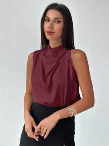 Firerie 女士优雅时尚新款通勤办公日常度假音乐节不对称褶皱杏色衬衫，春夏款 - 酒紅色 - 查看 3