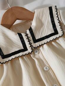 Elladie kids Young Girls Shirt Set - Top With Sweet Cute Contrast Collar, Elastic Cuff + Straight Leg Pants With Crinkle Texture Fabric, Casual Style Suitable For Summer Girls Spring Autumn Suit Girl Two Piece Pants Set Girls Clothes Sets Shirt Pants Collar Shirt Pants Set