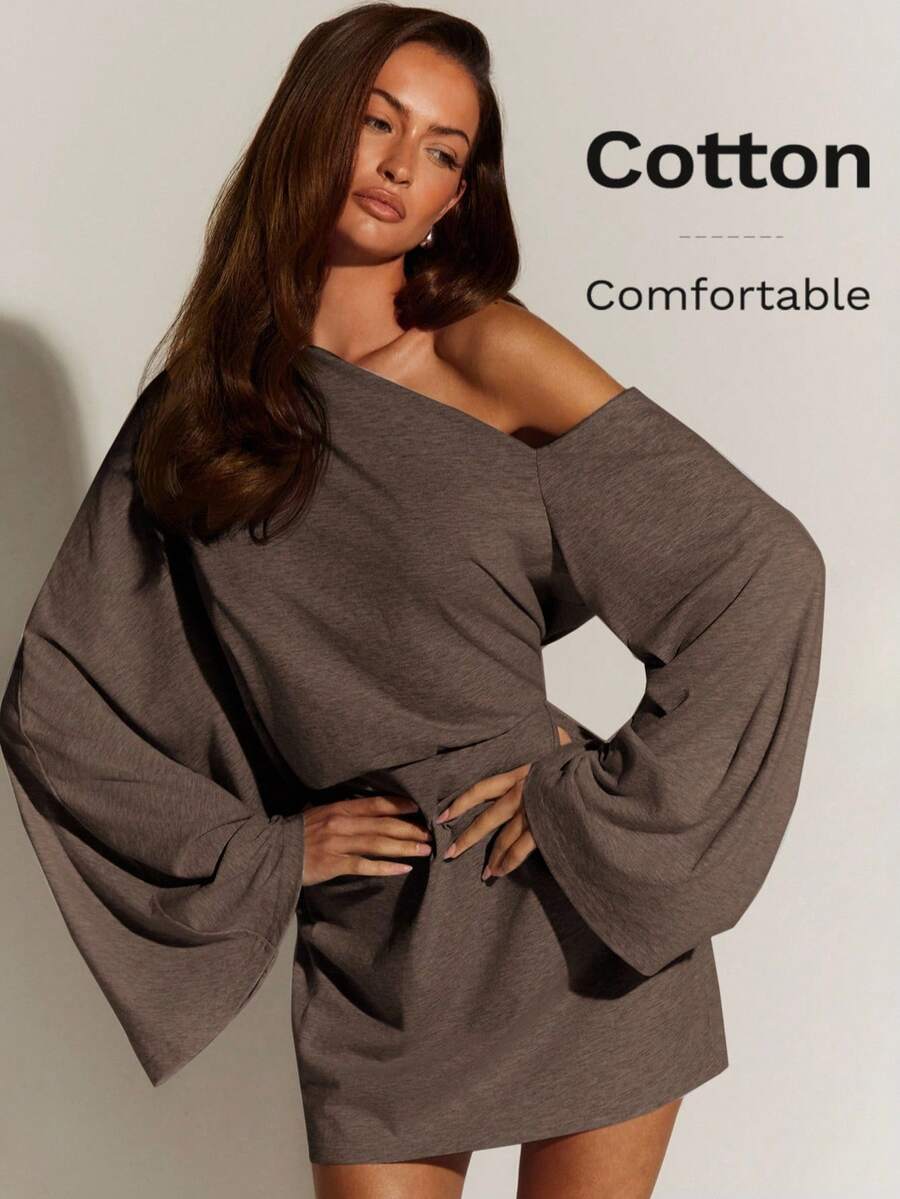 Athîral 女士咖啡棕色不对称肩部迷你连衣裙 | 丝滑柔软弹力针织面料，宽松飘逸垂坠版型，不对称肩部领口，加长长袖，收腰设计，简约缝线——现代性感风格，适合秋季、冬季、春季、派对之夜、约会之夜、度假、都市时尚和闺蜜外出等各种场合，蝙蝠袖连衣裙，优雅女士连衣裙 - 咖啡 - 查看 1