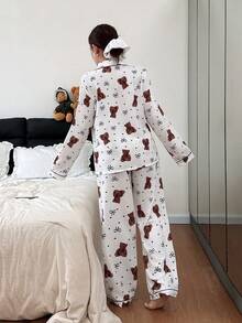 SHEIN 泡泡皱褶熊蝴蝶结印花长袖睡衣套装，女士泰迪熊睡衣套装，女士睡衣，熊印花睡衣，熊睡衣 - 白色 - 查看 2