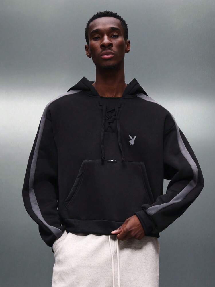 PLAYBOY X SUMWON Lace Up Drawstring Hoodie With Logo Print