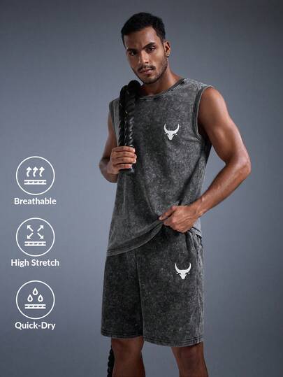  DRIFTMERE 男士做旧雪洗背心 + 抽绳短裤两件套运动服，休闲夏季运动套装，适合街头、户外、徒步、海滩等春夏季活动，舒适柔软，适合日常运动休闲和健身房锻炼，运动休闲风格，运动时尚