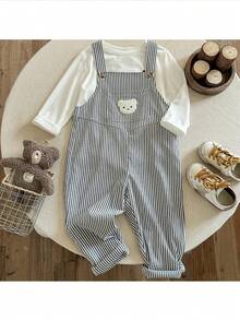 Pixure   Young Boy Woven Striped Bear Graphic Bib Overall Jumpsuit,جمبسوت,Striped Jumpsuit,Overalls, Boy Clothes,ملابس شتويه