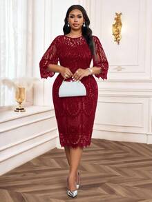 SHEIN Lady 大码春夏秋冬优雅派对黑色蕾丝连衣裙小黑裙 - 酒紅色 - 查看 4