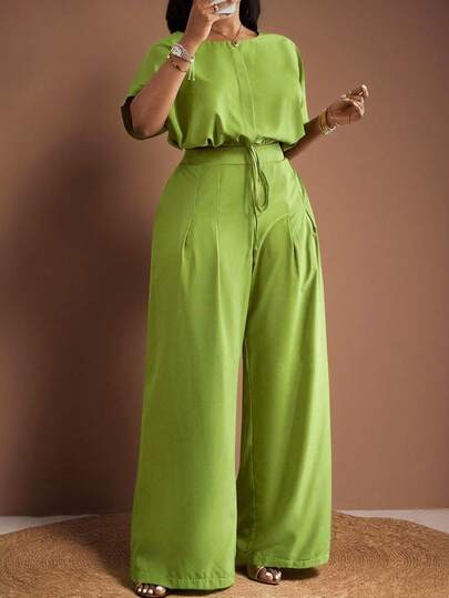 Veslaya 2 Pieces Set, Women Plus Size: Green Loose Wide Shoulder Sleeve Drawstring Hem Cropped Top And Wide Leg Pocket Pants, Elegant Work, Casual, Party Outfit, Spring Summer