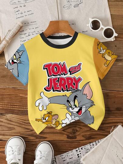 TOM & JERRY X SHEIN Young Boy Colorblock Letter & Cartoon Graphic Round Neck Short Sleeve T-Shirt