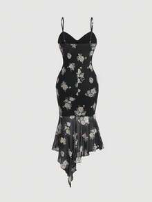 SHEIN MOD Floral Embroidery Mesh Overlay Cami Dress,Flamenco Dress - Black - View 2