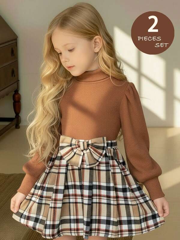 LMoss Kids 2-częściowy komplet dla młodej dziewczyny na jesień/zimę: dzianinowy top z długim rękawem i spódnicą w kratę