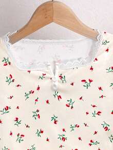 SHEIN Tween Girl White Autumn Cute Sleep 2 Piece Pajama Set,Korean Style Ditsy Floral Cherry Square Neck Lace Trim Long Sleeve T-Shirt & Ruffle Hem Pants - Apricot - View 8