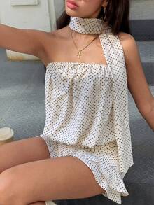 Almamuse Black Polka Dot Bandeau Top & Skirt Set, Elegant For Women, Spring/Autumn White Polka Dot Dress Polka Dot Top White White Top - Black and White - View 3