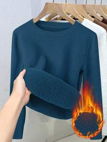 Franclia 女士修身圆领保暖长袖毛衣 - 藍色 - 查看 3