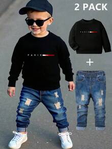 SHEIN 1 Set Young Boys Casual Street Style Minimalist Paris Letter Colorblock Pattern Long Sleeve Sweatshirt And Jeans Outfit, Suitable For Outings In Autumn/Winter