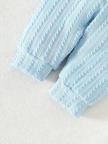 SHEIN 新生男宝宝针织提花三色拼接泰迪熊刺绣长袖衬衫搭配浅蓝色裤子两件套，秋季新款时尚，个性百搭，休闲简约，适合户外摄影 - 藍色 - 查看 5