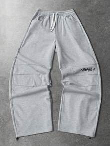 ROMWE MEN Prep Men's Casual Daily Letter Pattern Drawstring Waist Curved Hem Sweatpants, Suitable For Everyday Wear - Grey - View 8