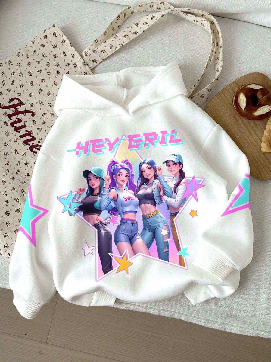 Sparklyn 1 pieza Sudadera con estampado gráfico de personaje de dibujos animados blanco con estilo KPOP para niña preadolescente 2025 Funny Girl, regalo para fans de la ola coreana, ropa de moda para niñas y niños, ropa a juego para hermanas, adecuada para vacaciones, fiestas y uso diario, otoño/invierno - Albaricoque - Ver 1