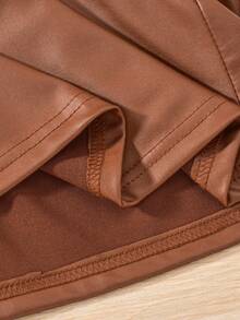 Sparklyn 秋冬季女童优雅针织圆领泡泡袖PU仿皮拼接连衣裙 - 棕色 - 查看 8