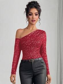 Almamuse Body de manga larga con estampado de lunares metálicos y malla, con hombros descubiertos, para mujer - Rojo - Ver 3