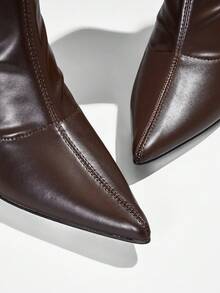 SHUZIA 女士时尚舒适弹力PU踝高跟短靴 - 棕色 - 查看 7