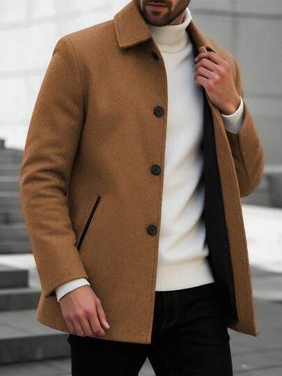 Manfinity Homme Men's Solid Color Single-Breasted Casual Wool Blend Jacket, Autumn/Winter Men Coat Brown For Men Outerwear Woolen Jacket Men Fall For Men Old Money,Daily Leisure, Weekend Trips, Outdoor Activities, Travel Expeditions, Relaxed Work Environments Or Semi-Formal Occasions, Boyfriend/Husband Gift, Anniversary /Birthday Gift Party Christmas New Years Wedding