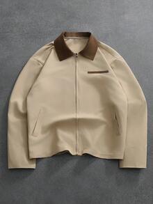 PAVTROS Men's Contrast Color Collar Long Sleeve Zip Front Casual Shirt Mens Cropped Jacket Mens Turn-Down Collar Short Sleeve Jacket Mens Zip Up Shirt Mens Short Jacket Mens Collared Shirts - Khaki - View 1
