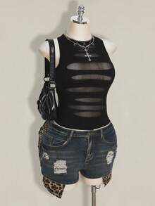 SHEIN ICON 大码 Y2K 风格透视做旧性感吊带背心 - 黑色 - 查看 4
