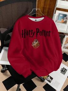 HARRY POTTER X SHEIN 女士休闲时尚街头时尚学院风动物徽章和字母印花落肩宽松羊毛套头衫，秋冬 - 白色 - 查看 1
