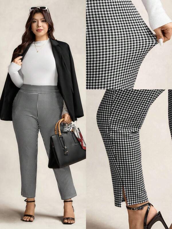 Zelara Plus-Size Women's Black And White Plaid Print Casual Pants With Pockets And Side Slits, Suitable For Vacations, New Year, Winter, Valentine's Day, Business Casual And Other Occasions