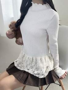 FRIFUL Women's Ruffled Collar Textured Fabric Lace Patchwork Layered Hem Long Sleeve Sweet T-Shirt - White - View 5