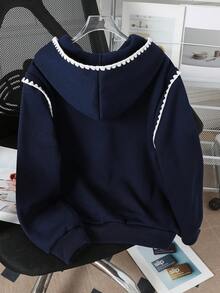 SHEIN 1pc Tween Girl'Fashionable Navy Blue And White English Print Sweatshirt,Loose Fit Pullover,Autumn Casual School Back-To-School Contrast Trim Hoodie - Navy Blue - View 2