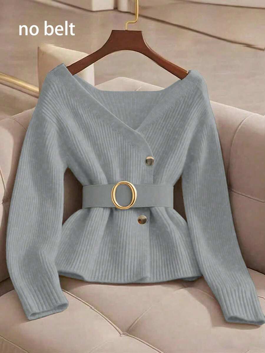 Franclia New Elegant V-Neck Design Solid Color Pullover Sweater For Women, Versatile For Autumn - Light Grey - View 1