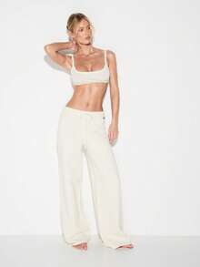 KIZN 柔软针织阔腿抽绳慢跑裤休闲宽松弹力腰带运动裤 - 白色 - 查看 3