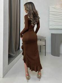 Jemour 1pc Women's Solid Color Round Neck Fitted Ruffle Asymmetrical Hem Long Sleeve Dress ,Petite Women - Coffee - View 2
