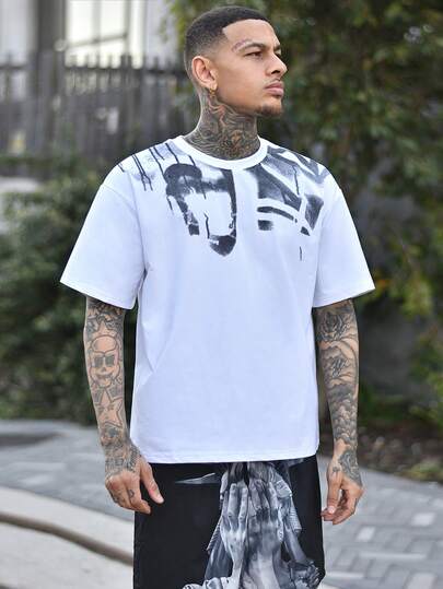 Devon Thys 黑色印花圆领T恤，休闲宽松短袖男士T恤，夏季简约运动百搭款