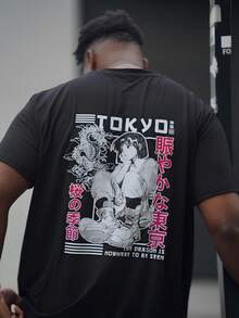 Heavens Edit Herren Lässig Loose Kurzarm T-Shirt, kreatives Tokyo Drache Japanisch Anime Charaktergrafik Muster, atmungsaktiver Rundhalsausschnitt, Alltags Tragen, Kurzarm, modisch - Schwarz - Übersicht 4