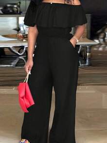 INAWLY Plus Size Women's Solid Color Ruffle Off-Shoulder Pockets Wide Leg Loose Elegant Jumpsuit - Black - View 1